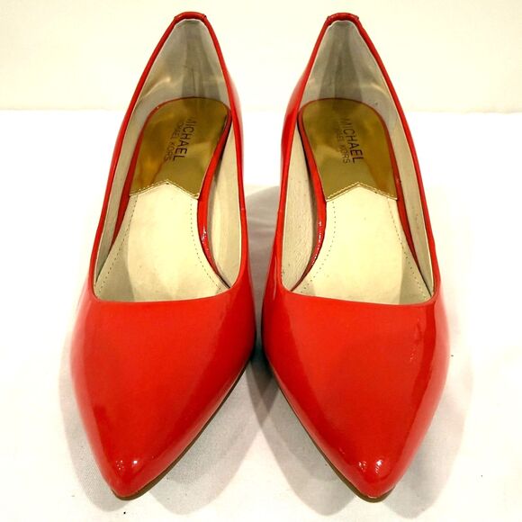 MICHAEL KORS Coral Red Patent Leather Pointed Toe Kitten Heel Pumps Size 8 - Picture 5 of 9